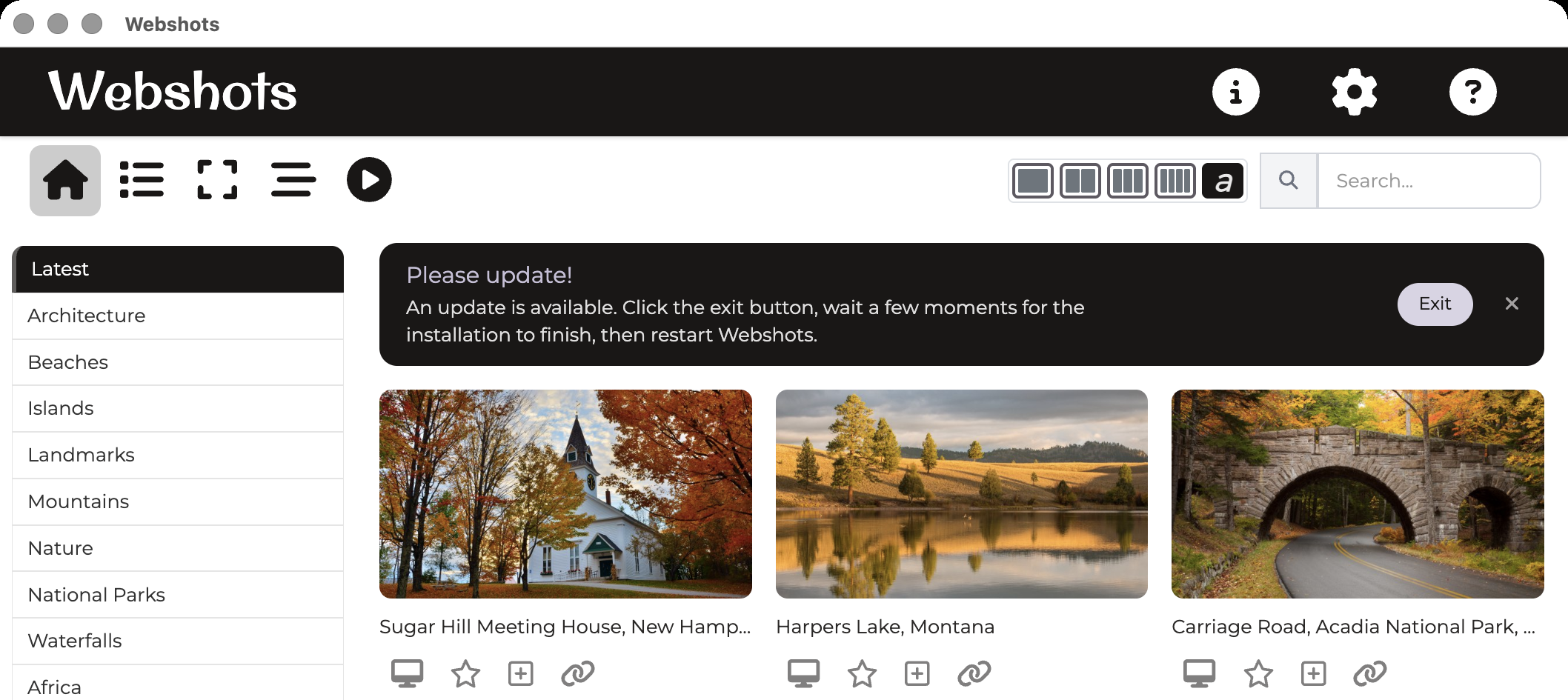Webshots desktop wallpaper app showing the Please update! message with its Exit button